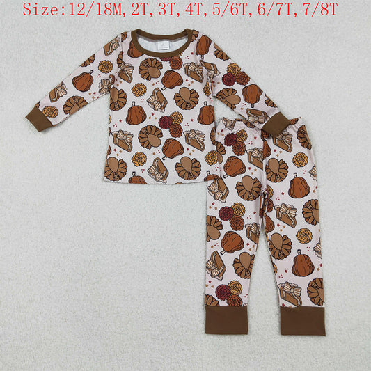 GLP2884 Turkey Pumpkin Pie Print Girls Thanksgiving Clothes Set