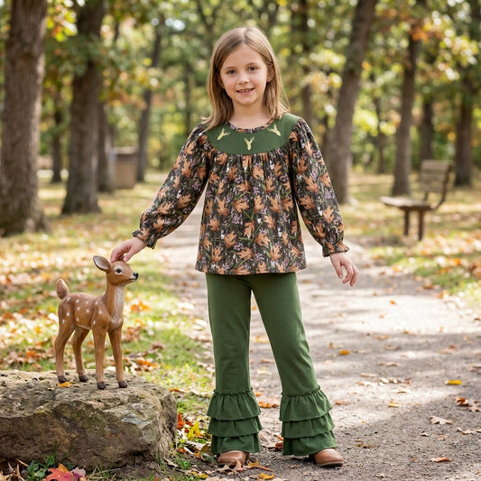 GLP2908 Deer Embroidery Branch Camo Top Ruffle Green Pants Girls Clothes Set