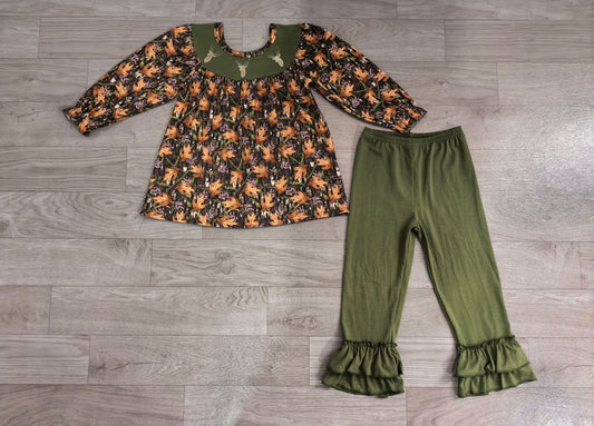 7.23  Preorder Girls Fall Maple Leaf Deer Tunic Top with Ruffle Pants Outfit