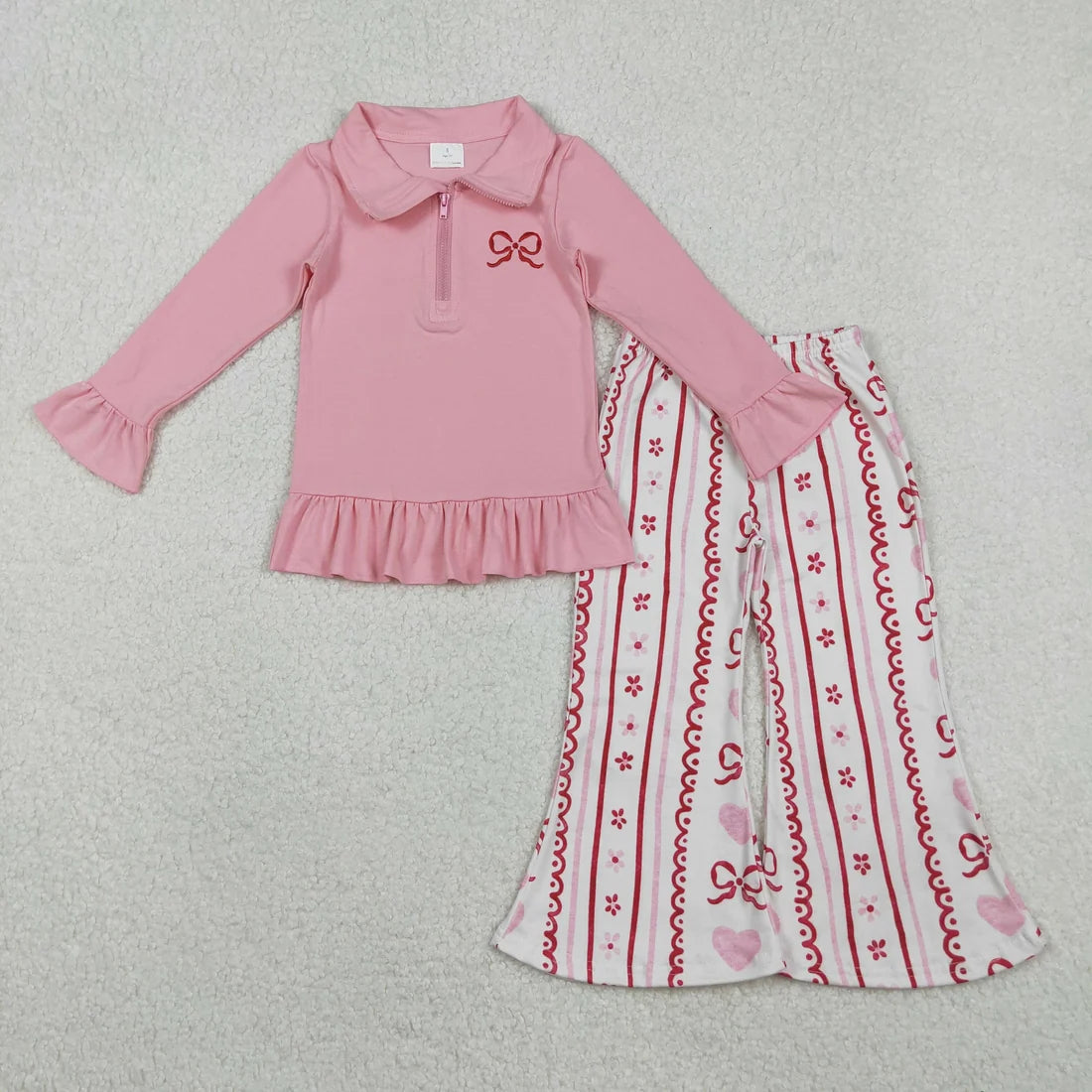 Sibling Baby Girls Embroidery Heart Bow Zip PUllover Flate Pants Valentines Outfit
