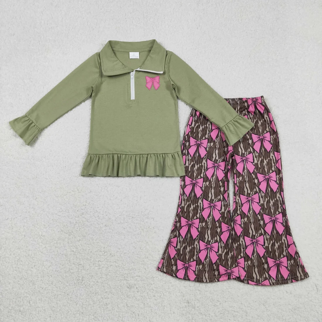 Sibling Baby Girls Embroidery Heart Bow Zip PUllover Flate Pants Valentines Outfit