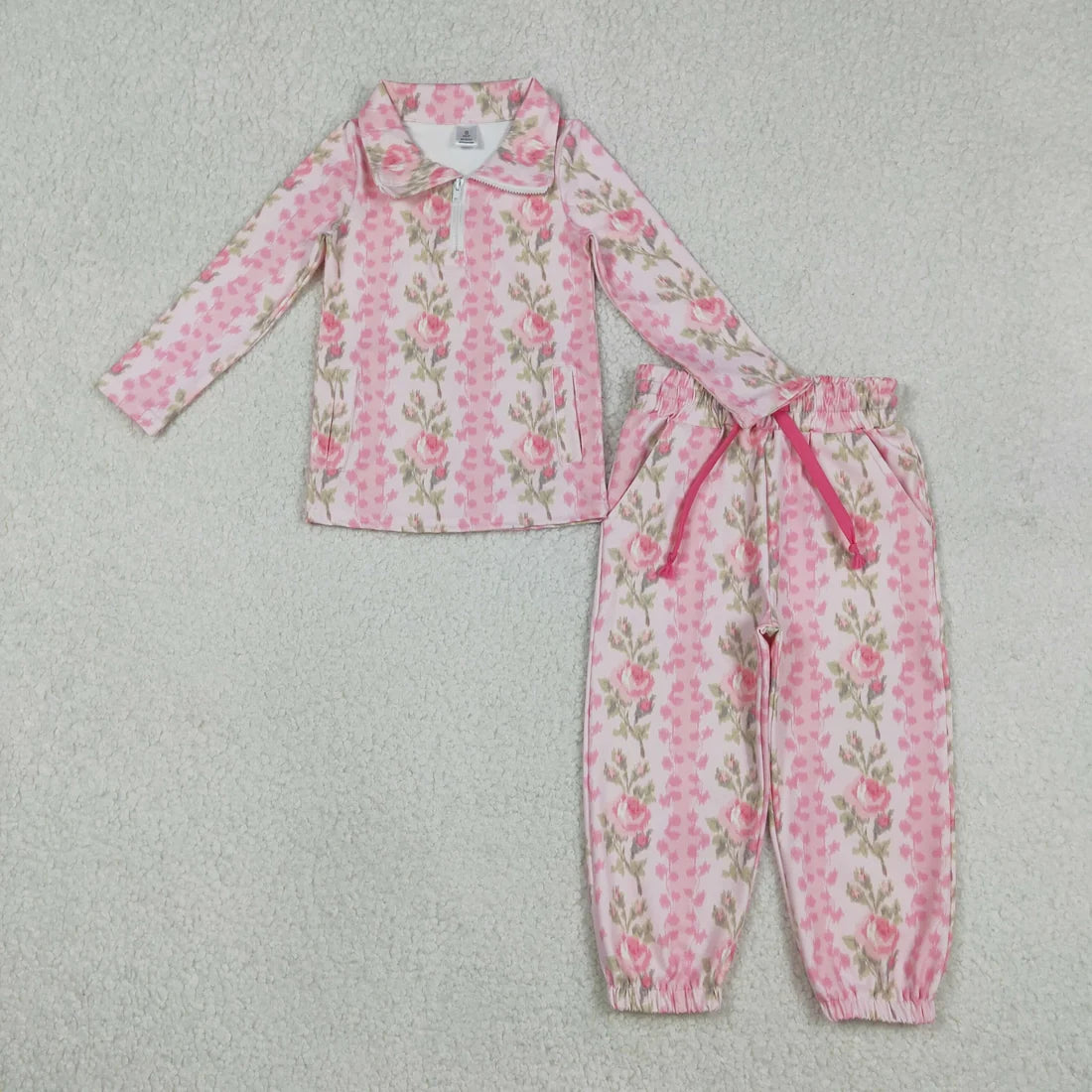 Sibling Baby Girls Floral Bow Zip Pullover Top with Jogger Outfit