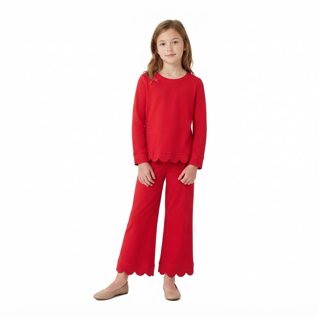 GLP2964 Red Cotton Scallop Edge Long Sleeve Pants Girls Fall Clothes Set