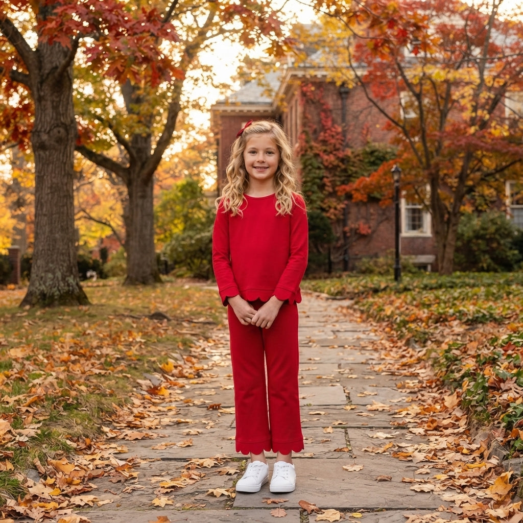 GLP2964 Red Cotton Scallop Edge Long Sleeve Pants Girls Fall Clothes Set