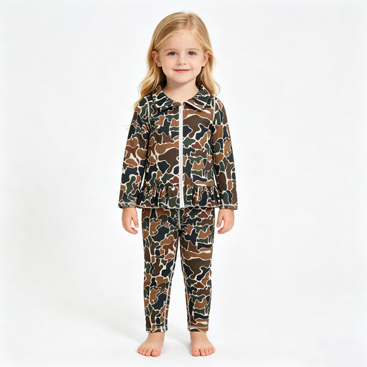 Girls Camo Ruffle Zip Up Long Sleeve Top & Leggings Set, Kids 2 Piece Camouflage Activewear Outfit,