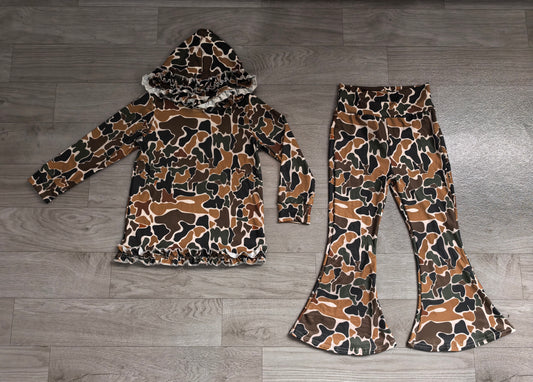 GLP3078 Preorder Brown Camo Ruffle Hoodie Top Bell Pants Girls Clothes Set