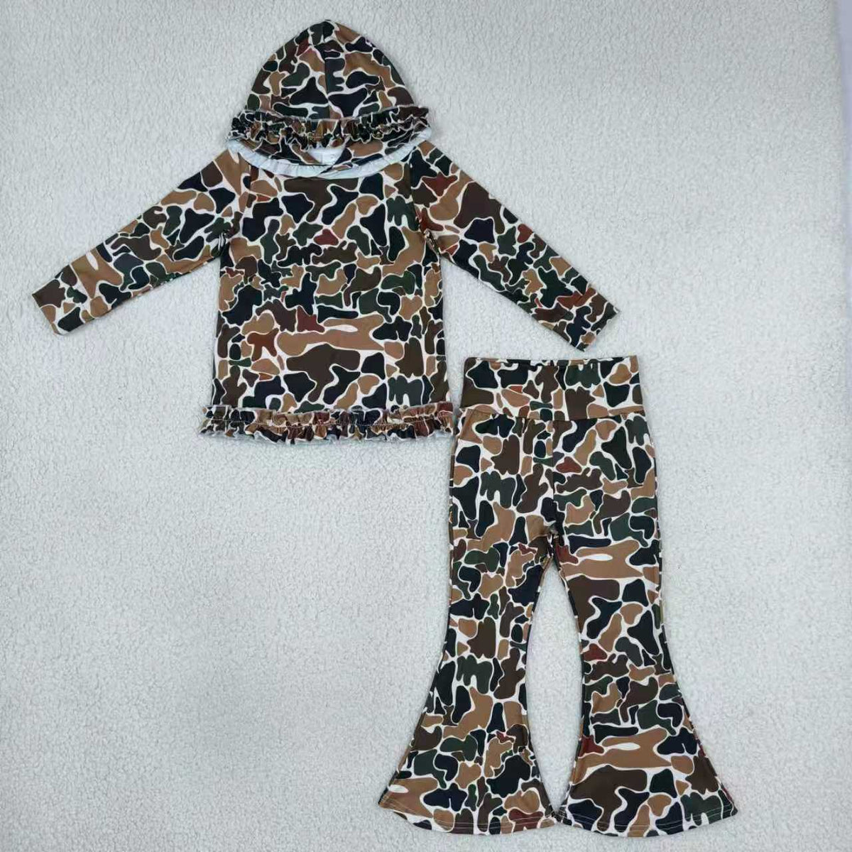 Sibling Kids Girls  Hunting Camo Ruffle Hoodie Top with Bell Bottom Pants Outfit