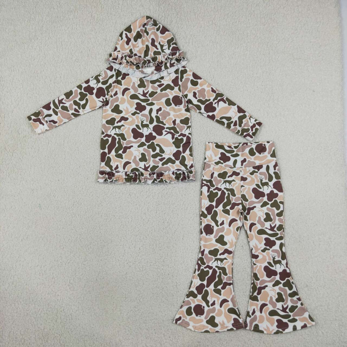 GLP3079 Khaki Brown Camo Ruffle Hoodie Top Bell Pants Girls Clothes Set