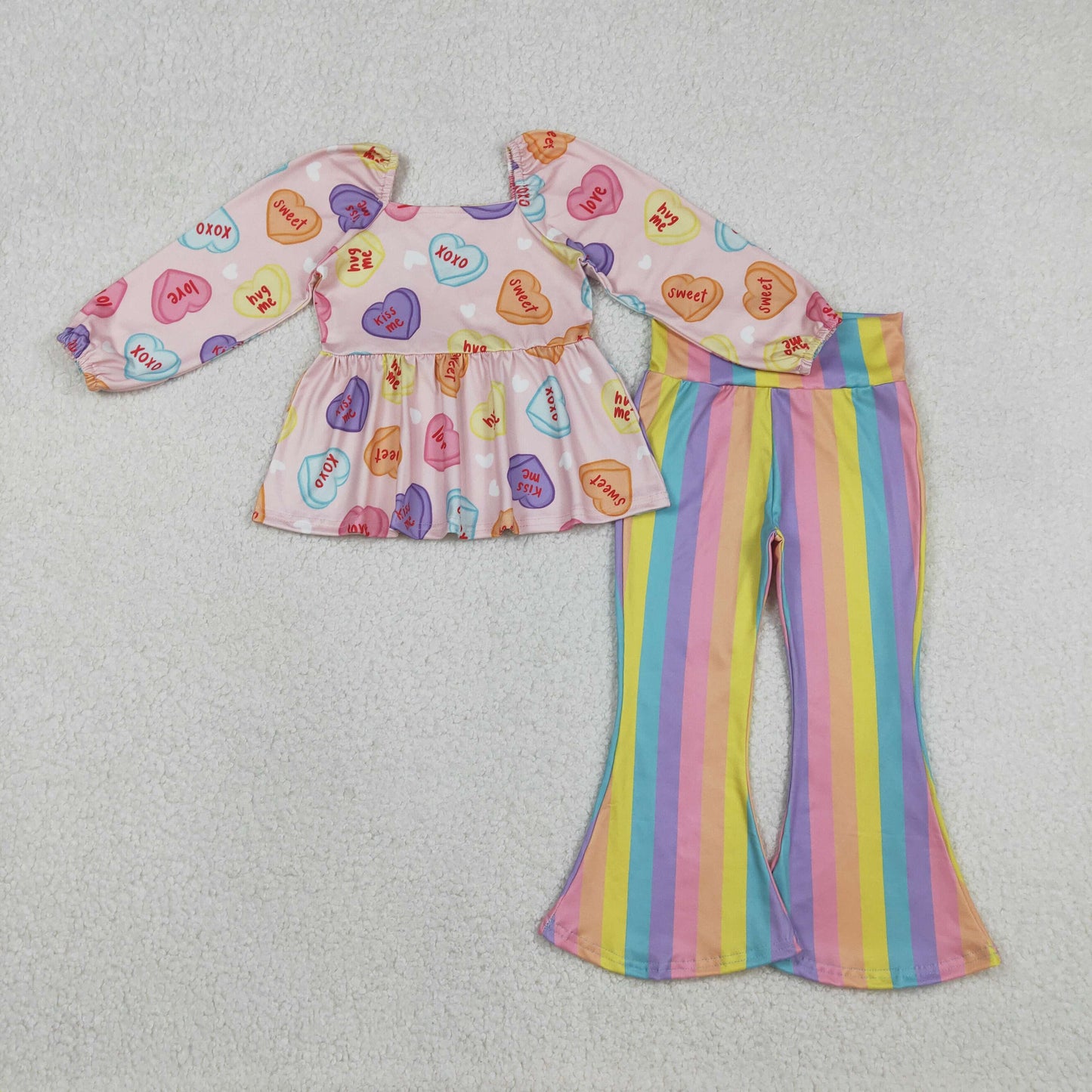 Sibling Baby Girls Colorful Hearts Bows Tunic Stripe Bell Bottom Pants Valentines Clothes Sets