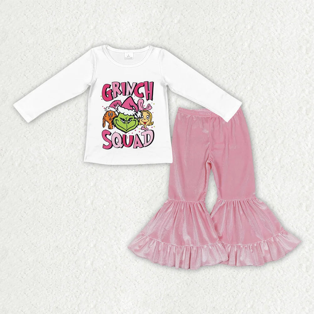 Sibling Baby Girls Christmas Green Face Top with Pink Velvet Bell Bottom Pants Outfit