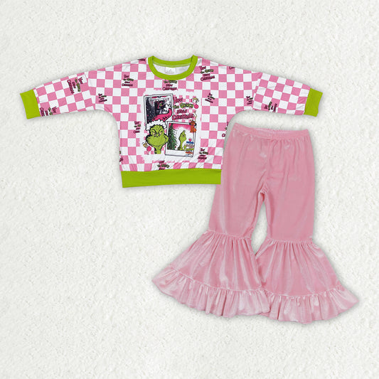 GLP3185 Green Frog Smiling Checkered Top Pink Velvet Bell Pants Girls Christmas Clothes Set