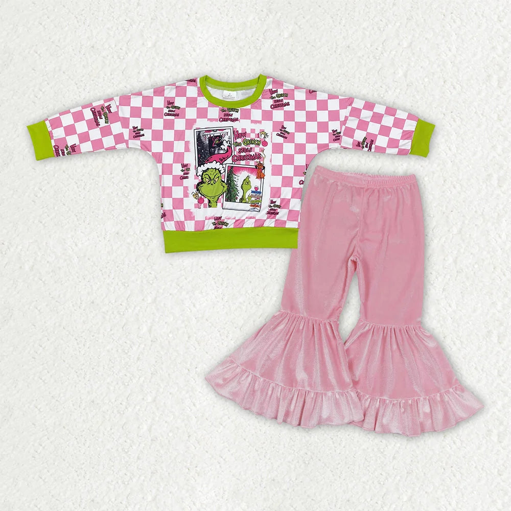 Sibling Baby Girls Christmas Green Face Top with Pink Velvet Bell Bottom Pants Outfit