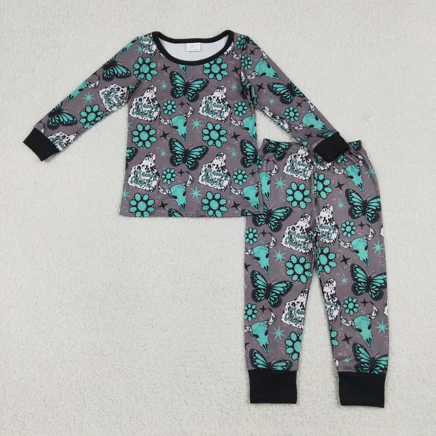 GLP3254 Baby Boys Western Bull Skulls Butterfly Turquoise Long Sleeve Pajama Set