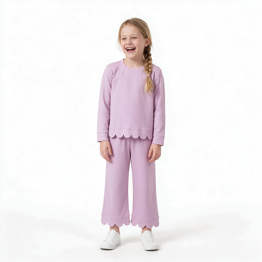 GLP3289 Purple Cotton Scallop Edge Long Sleeve Pants Girls Fall Clothes Set
