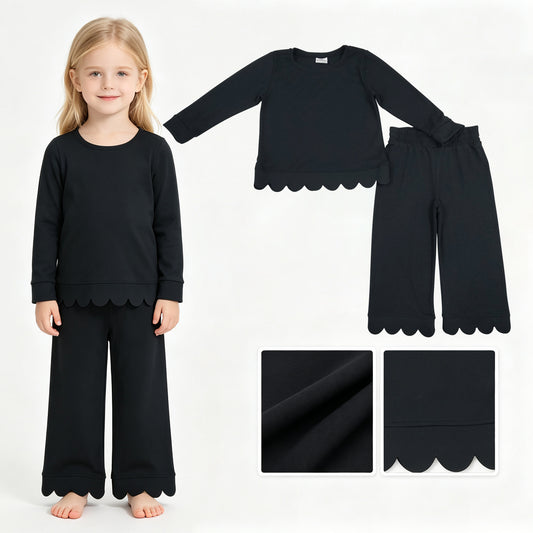 GLP3290 Black Cotton Scallop Edge Long Sleeve Pants Girls Fall Clothes Set