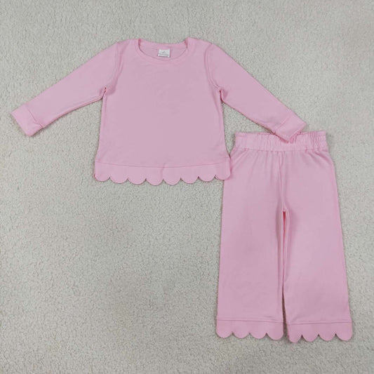 GLP3291 Pink Cotton Scallop Edge Long Sleeve Pants Girls Fall Clothes Set