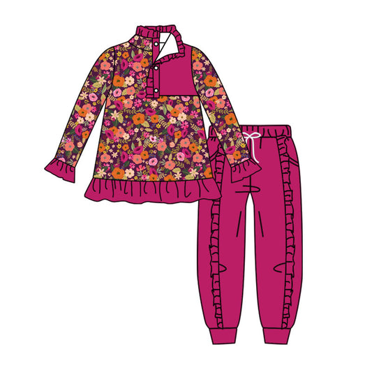 4.16 Girls Floral Print Outfit - Hot Pink Long Sleeve Top & Ruffle Jogger Pants Set Preorder