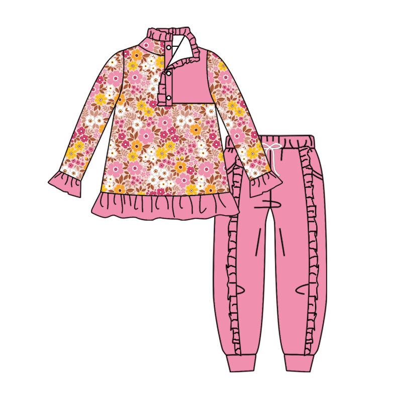 4.16 Girls Floral Print Outfit -  Pink Long Sleeve Top & Ruffle Jogger Pants Set Preorder