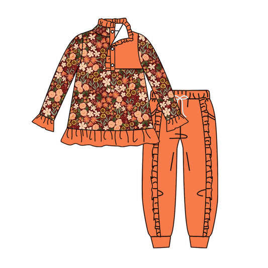 4.16 Orange Floral Ruffle Girl Outfit - Button-Front Long Sleeve Top with Ruffle Jogger Pants Set Preorder