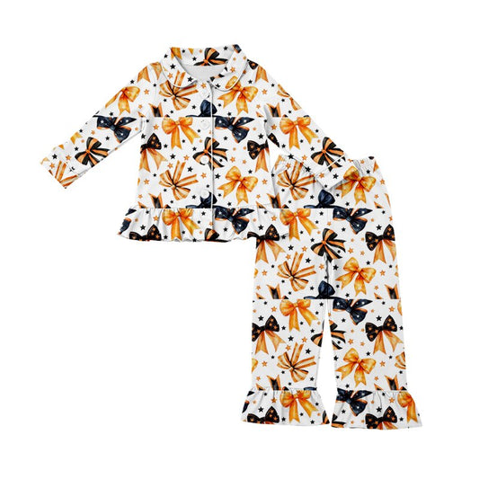 4.17 GLP3318 Preorder Orange Black Bows Print Girls Button Pajamas Clothes Set