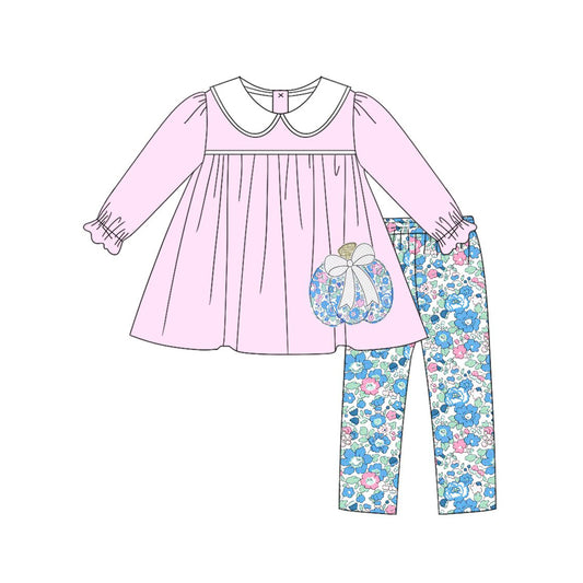 4.18 GLP3319 Preorder Pumpkin Tunic Top Flowers Pants Girls Fall Clothes Set