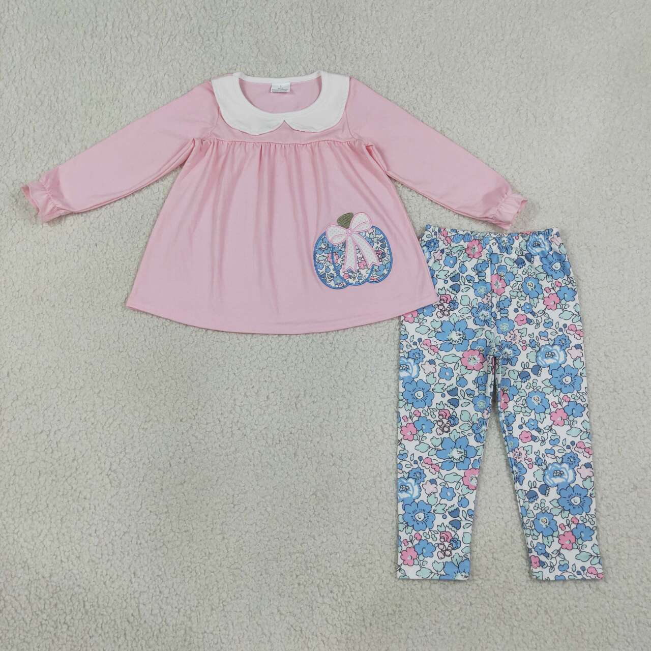 Embroidery  Pumpkin Tunic Top Flowers Pants Girls Fall Clothes Set