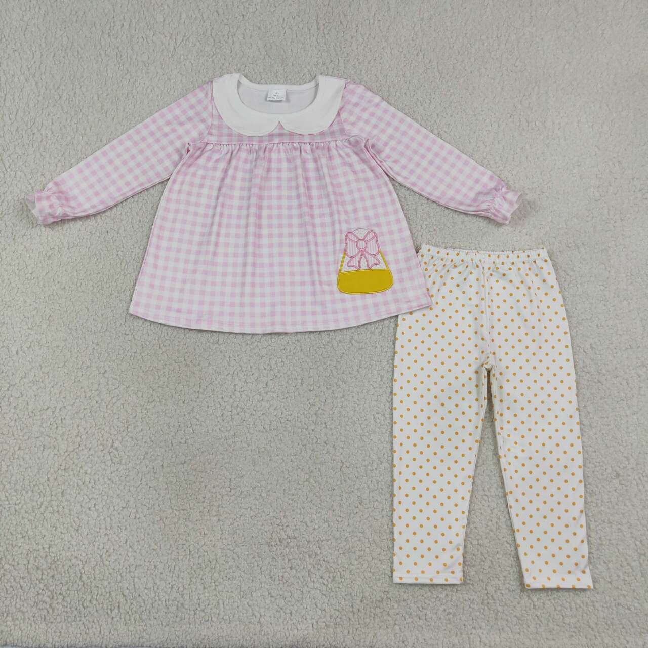 GLP3320 Candy Embroidery Checkered Tunic Top Dots Pants Girls Halloween Clothes Set