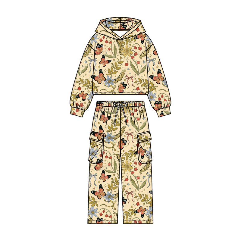 4.20 Girls Butterfly Print Hoodie Set - Beige  Hoodie & Cargo Pants Outfit Preorder