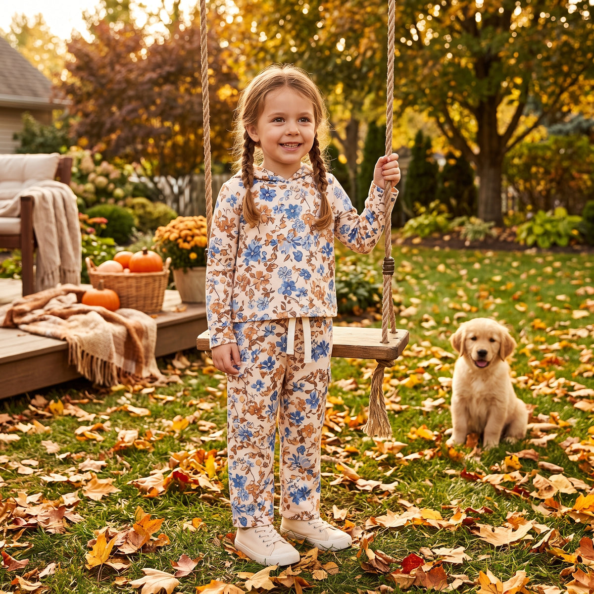GLP3323 Blue Beige Floral Hoodie Top Pockets Pants Girls Fall Clothes Set