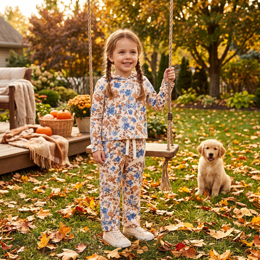 GLP3323 Blue Beige Floral Hoodie Top Pockets Pants Girls Fall Clothes Set