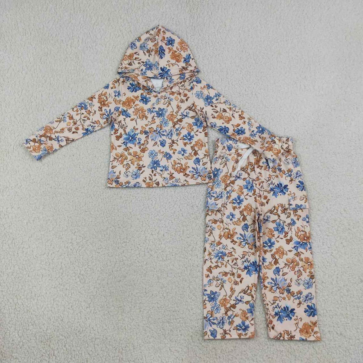 GLP3323 Blue Beige Floral Hoodie Top Pockets Pants Girls Fall Clothes Set