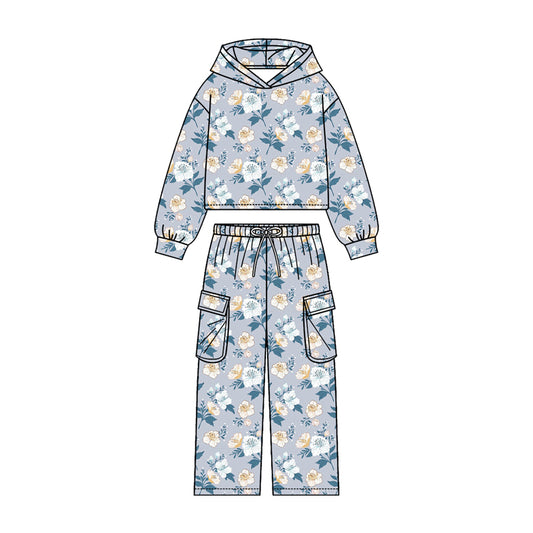 4.20 irls Light Blue Floral Hoodie Set - Grey  Hoodie & Cargo Pants Outfit Preorder