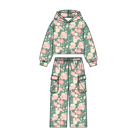 4.20 Girls Pink Rose Print Hoodie Set - Green Hoodie & Cargo Pants Outfit Preorder