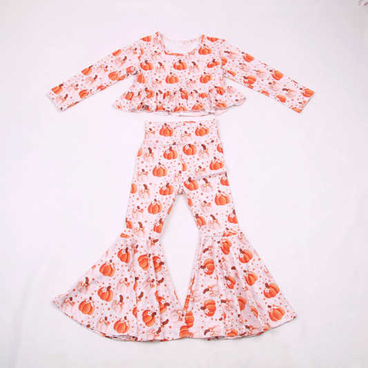 4.23 Toddler Girls Floral Pumpkin  Outfit Long Sleeve Top +Bell Bottom Pants Set Preorder