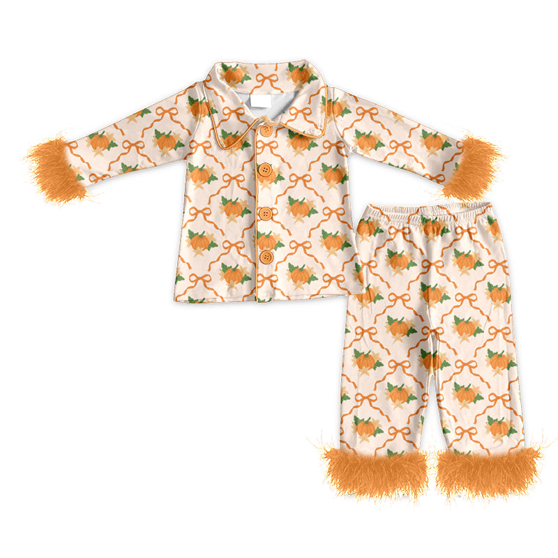 4.23 Kids Girls Orange Bow Pumpkin Pajama Set With Feather Preorder