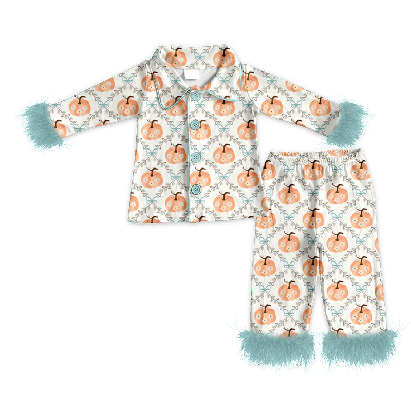 4.23 Kids Girls Mint Green Pumpkin Pajama Set With Feather Preorder