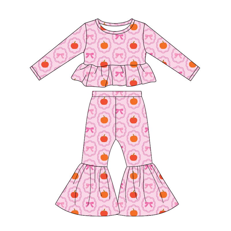 4.25 GLP3339 Toddler Girls Pumpkin Bows Outfits Long Sleeve Top +Bell Bottom Pants Set Preorder