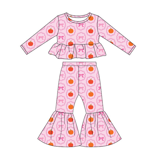 4.25 GLP3339 Toddler Girls Pumpkin Bows Outfits Long Sleeve Top +Bell Bottom Pants Set Preorder