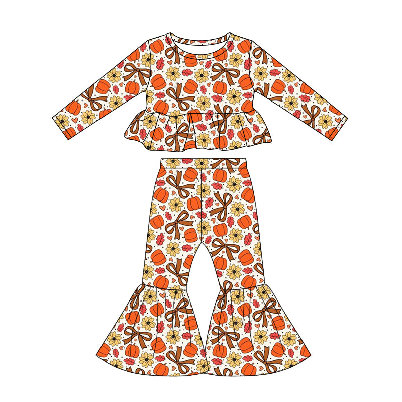 4.25 GLP3341 Toddler Girls Pumpkin Bows Flowers Outfits Long Sleeve Top +Bell Bottom Pants Set Preorder