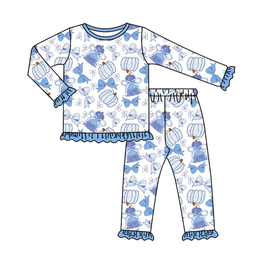 4.28 GLP3349 Pumpkin Bows Blue Baby Girls Fall Pajamas Clothes Set Preorder