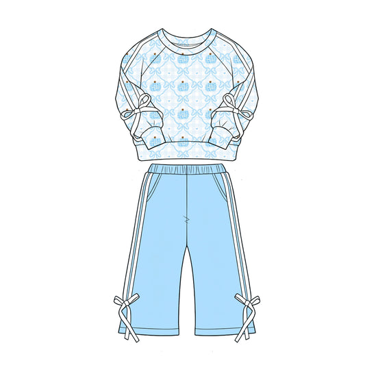 4.28 Girls Blue Gingham Pumpkin Bow Outfit -  Sweatshirt & Light Blue Pants Preorder