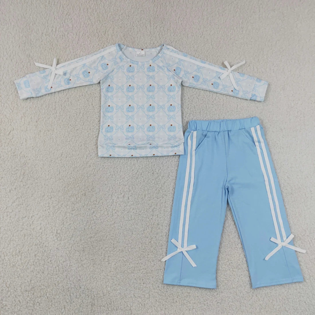 Sibling Baby Girls Long Leaves Ghost Pumpkins Deer Top Pockets Bows Pant Sets