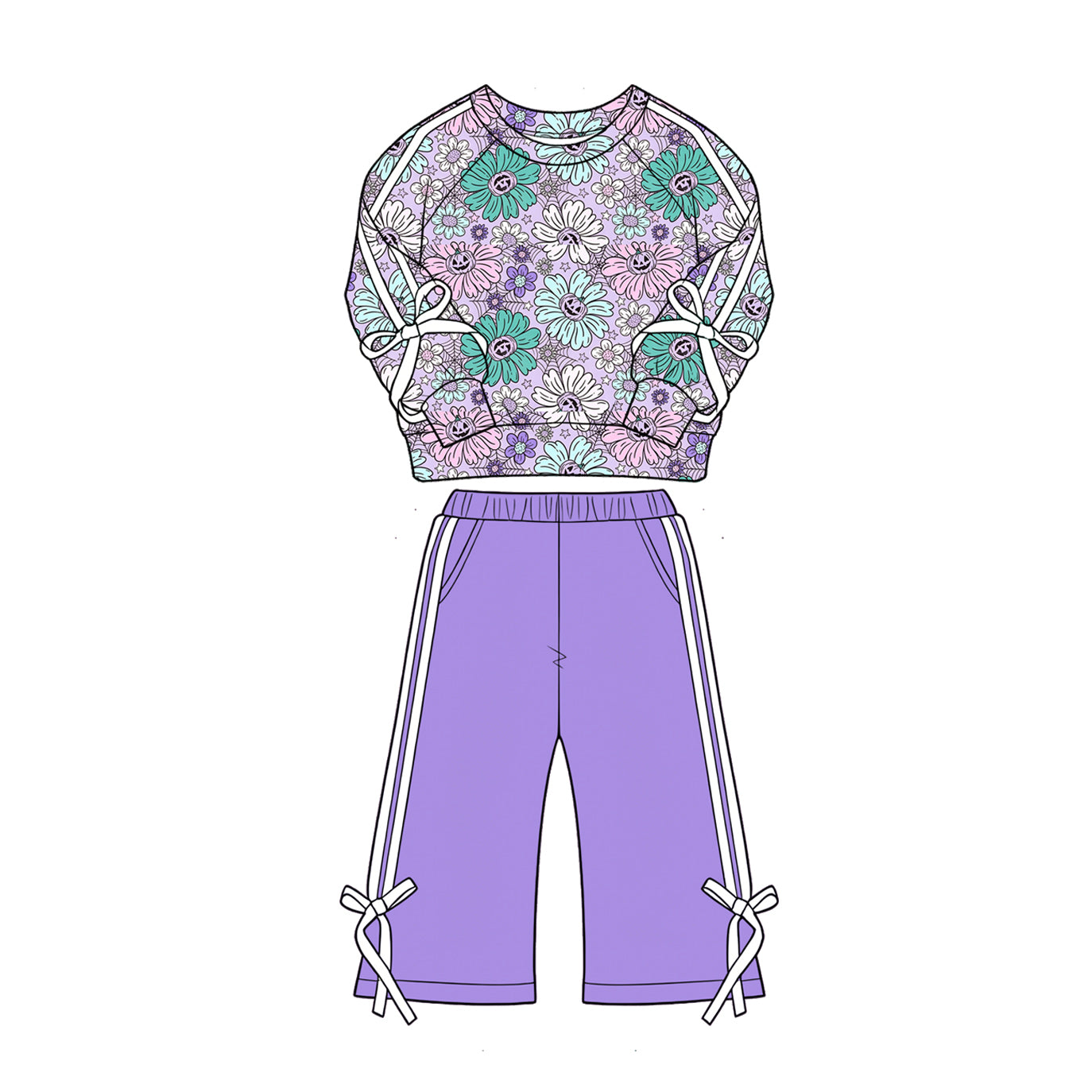 4.28 Girls Purple Daisy Flower Outfit - Fall Floral Print  Sweatshirt & Purple Pants Preorder