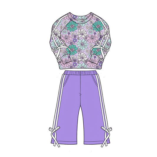 4.28 Girls Purple Daisy Flower Outfit - Fall Floral Print  Sweatshirt & Purple Pants Preorder