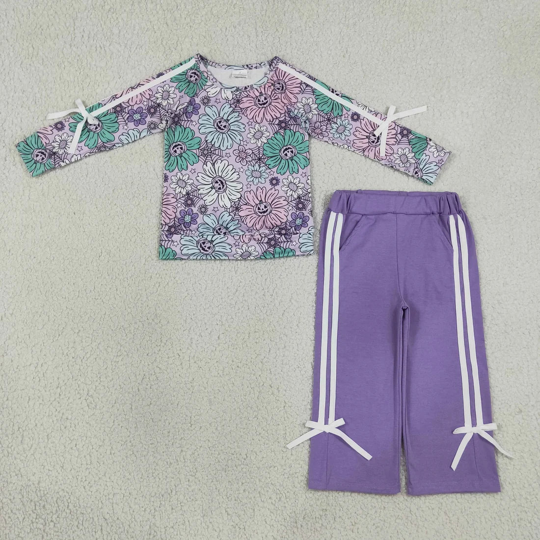Sibling Baby Girls Long Leaves Ghost Pumpkins Deer Top Pockets Bows Pant Sets