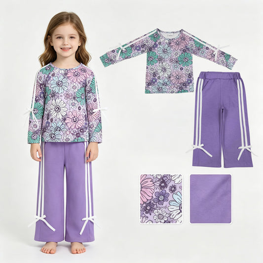 GLP3353 Pumpkin Smiling Flowers Top Purple Straight Pockets Pants Girls Halloween Clothes Set