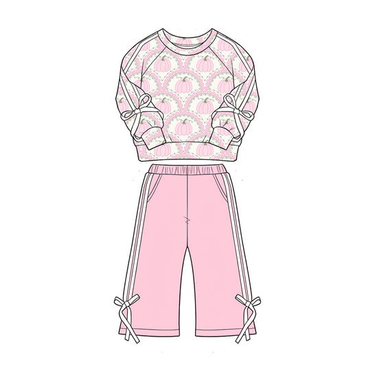 4.28 Girls Pink Lace Pumpkin Outfit-Pastel Fall Pring Top+Pink Pants Preorder