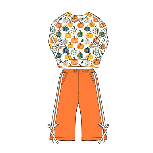 4.28 Girls Watercolo Pumpkin Outfit Multicolor Fall Prin Sweatshirt & Orange Pants Preorder