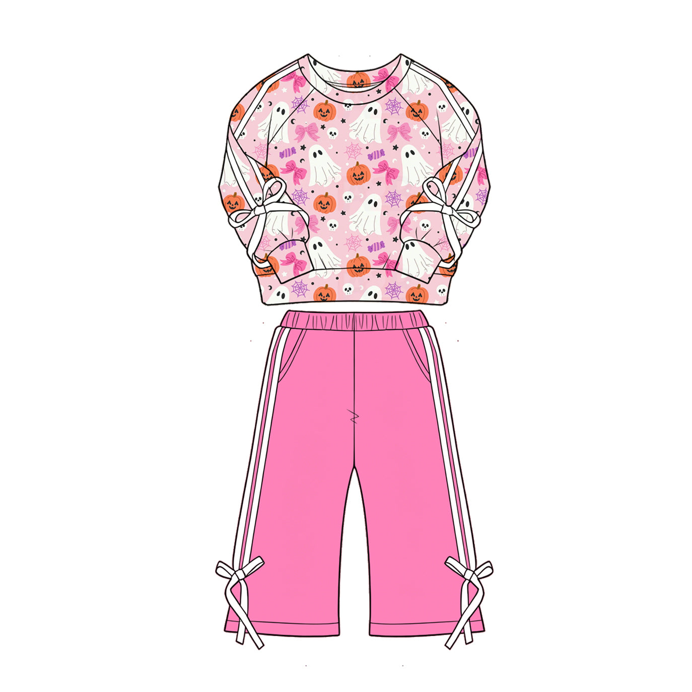 4.28 Girls Pink Ghost Halloween Outfit - Cute Spooky Print  Top & Pink Pants Preorder