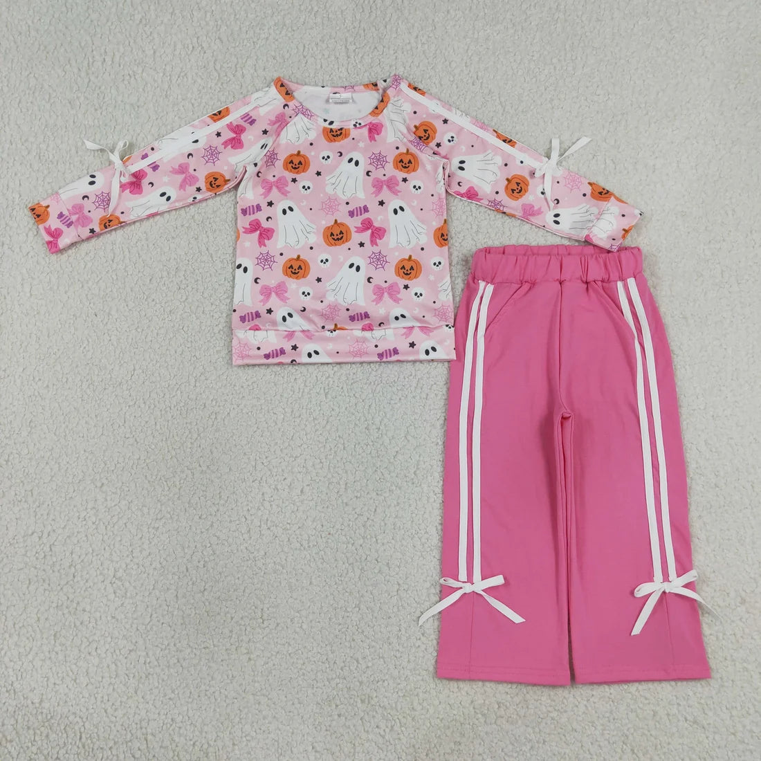 Sibling Baby Girls Long Leaves Ghost Pumpkins Deer Top Pockets Bows Pant Sets